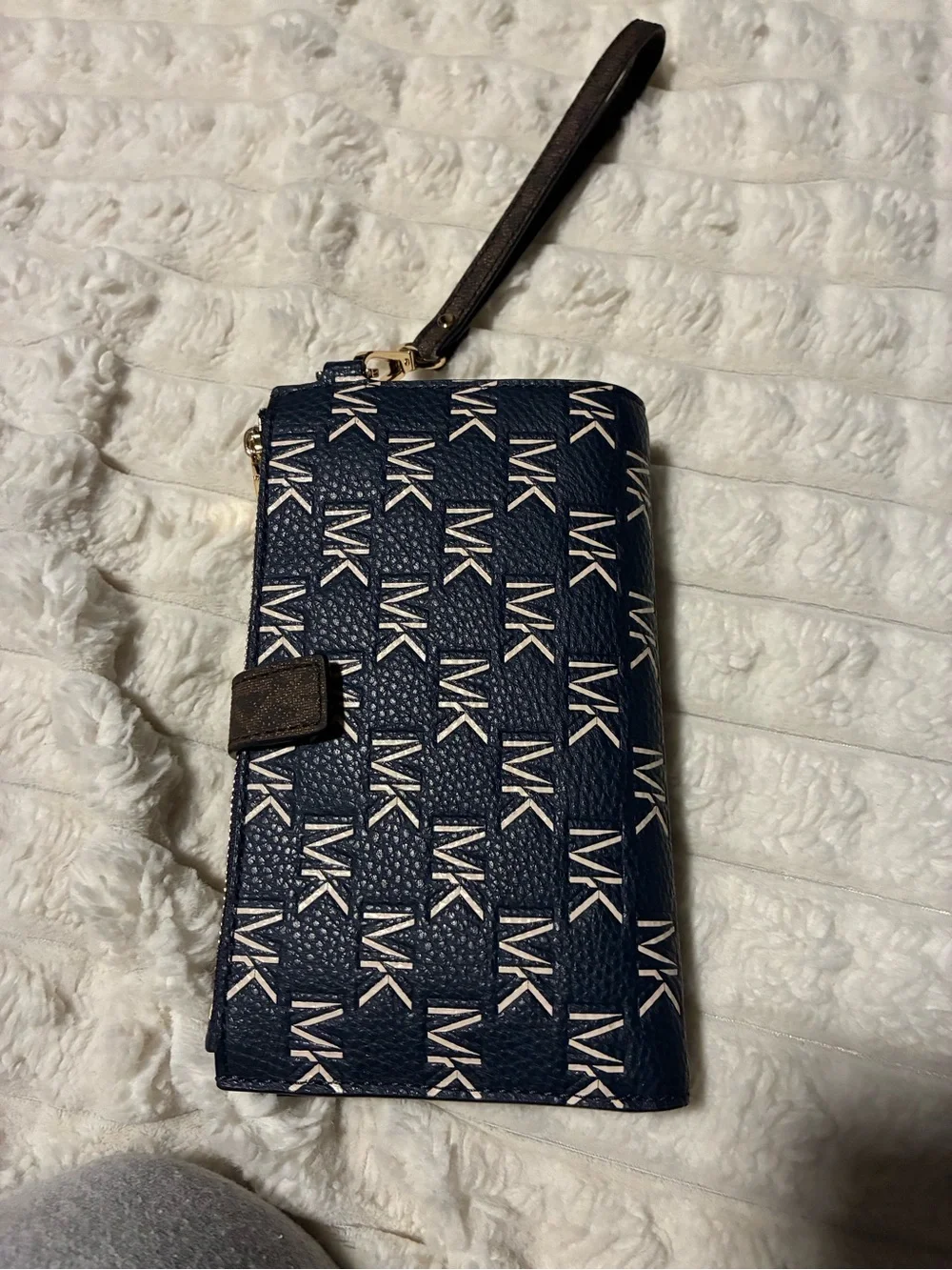 Michael Kors Navy and White MK Logo Wristlet with Gold Hardware